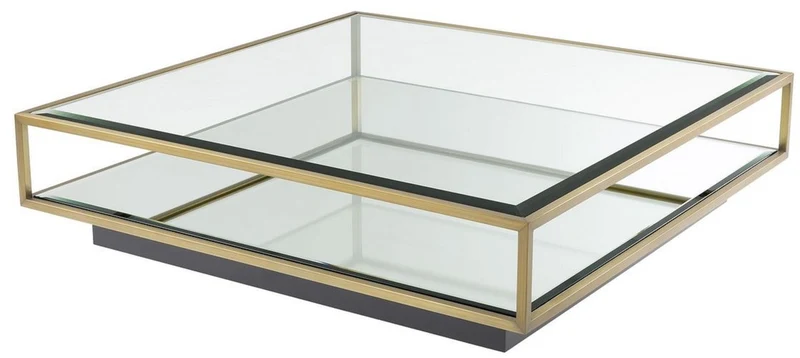 Casa Padrino Luxus Couchtisch Messingfarben / Schwarz 120 x 120 x H. 30 cm - Quadratischer Edelstahl Wohnzimmertisch mit Spiegelglas und Glasplatte - Wohnzimmer Möbel - Luxus Qualität