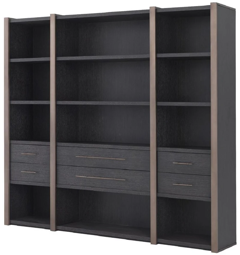 Casa Padrino Luxus Regalschrank mit 6 Schubladen Anthrazitgrau / Bronzefarben 253 x 47 x H. 229 cm - Bücherschrank - Wohnzimmerschrank - Büroschrank - Luxus Schrank