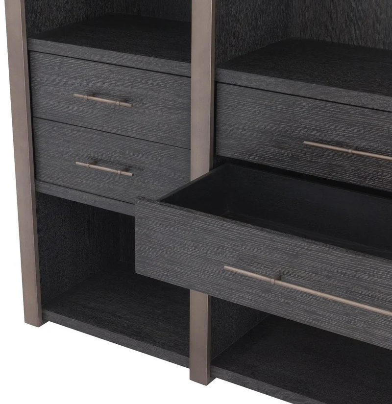 Casa Padrino Luxus Regalschrank mit 6 Schubladen Anthrazitgrau / Bronzefarben 253 x 47 x H. 229 cm - Bücherschrank - Wohnzimmerschrank - Büroschrank - Luxus Schrank
