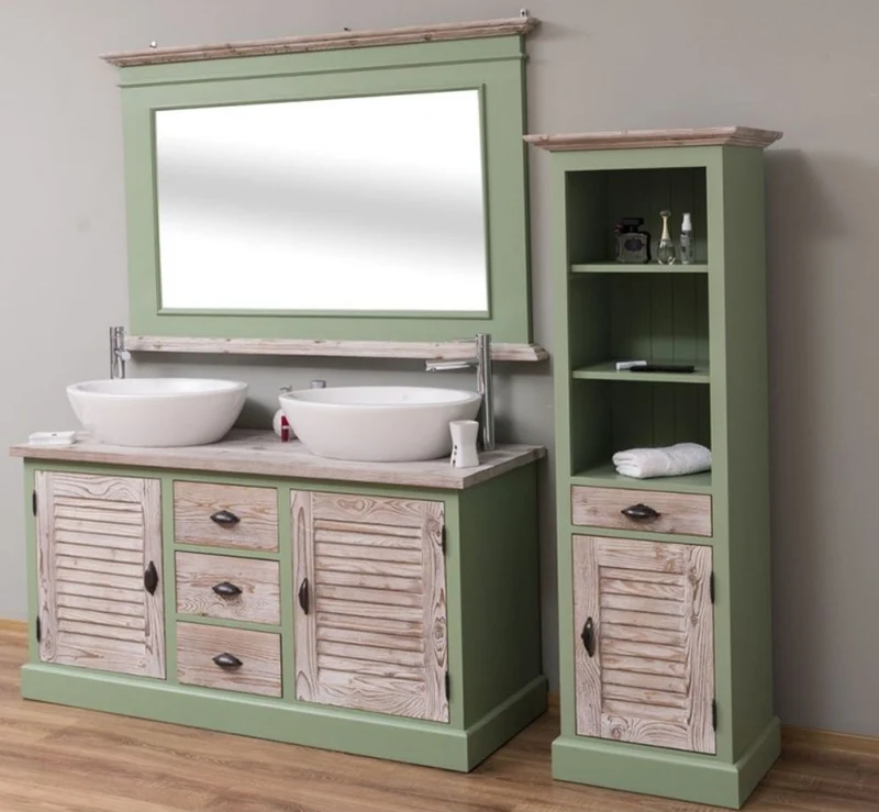 Casa Padrino Landhausstil Badezimmer Set Grün / Naturfarben - 1 Doppelwaschtisch & 1 Wandspiegel & 1 Regalschrank - Massivholz Badezimmer Möbel im Landhausstil