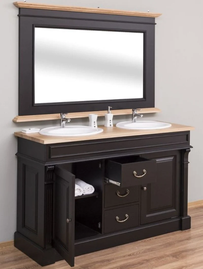 Casa Padrino Landhausstil Badezimmer Set Schwarz / Naturfarben - 1 Doppelwaschtisch & 1 Wandspiegel - Massivholz Badezimmermöbel im Landhausstil