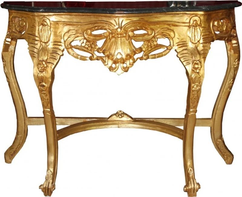 Casa Padrino Barock Konsolentisch in Gold mit schwarz-grünlicher Marmorplatte, 118 x 37 x 88 cm