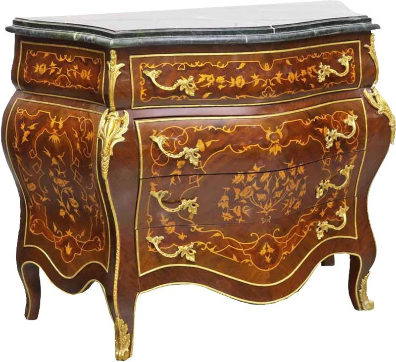 Casa Padrino Barockstil Kommode mit 4 Schubladen und Marmorplatte in braun, gold und schwarz, 110 x 50 x H. 90 cm