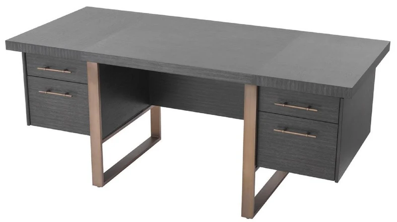 Casa Padrino Luxus Schreibtisch Anthrazitgrau / Bronzefarben 180 x 80 x H. 76 cm - Eleganter Massivholz Schreibtisch mit 4 Schubladen - Luxus Büro Möbel