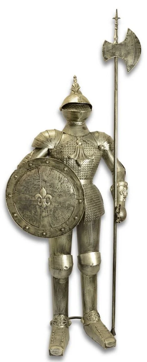 Casa Padrino Eisen Ritterrüstung mit Schild & Lanze Antik Silber H. 242 cm - Mittelalter Deko Ritter Rüstung