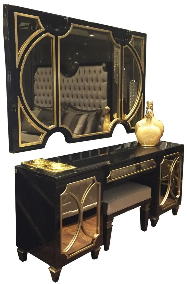 Casa Padrino Luxus Barock Schlafzimmer Set Schwarz / Gold - 1 Wandspiegel & 1 Kommode & 1 Sitzhocker - Schlafzimmer Möbel - Edel & Prunkvoll