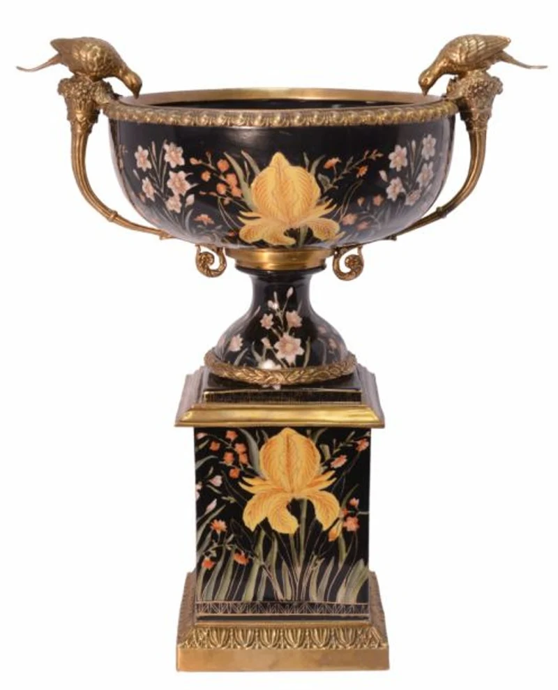 Casa Padrino Barock Porzellan Vase mit 2 Griffen, Grün / Gold, Höhe 54 cm - Luxuriöse Dekovase für gehobene Wohnräume