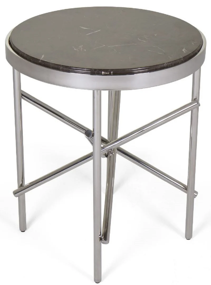 Casa Padrino Luxus Beistelltisch Dunkelbraun / Silber Ø 51 x H. 60 cm - Runder Tisch mit Marmorplatte und Edelstahl Gestell - Luxus Wohnzimmer Möbel