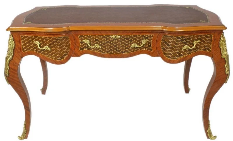 Casa Padrino Barock Schreibtisch Braun / Messingfarben 160 x 70 x H. 80 cm - Handgefertigter Massivholz Bürotisch mit 3 Schubladen und massiven Metallapplikationen - Barock Büro Möbel
