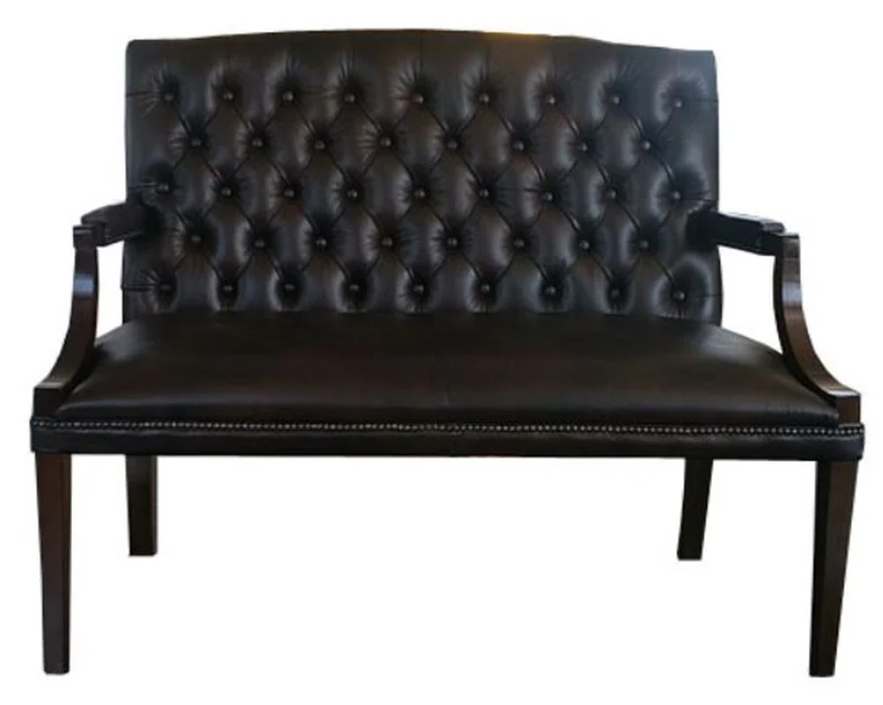 Casa Padrino Chesterfield Echtleder 2er Sitzbank mit Armlehnen Schwarz / Dunkelbraun 120 x 60 x H. 100 cm - Luxus Möbel