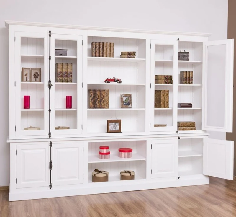 Casa Padrino Landhausstil Bücherschrank Weiß 300 x 50 x H. 230 cm - Massivholz Schrank - Wohnzimmerschrank - Büroschrank - Landhausstil Möbel