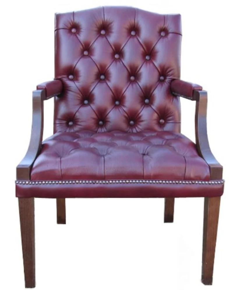 Casa Padrino Echtleder Esszimmerstuhl mit Armlehnen Dunkelrot / Braun 60 x 60 x H. 100 cm - Chesterfield Möbel