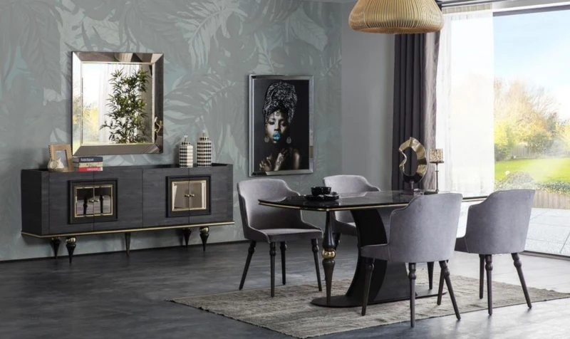 Casa Padrino Luxus Art Deco Esszimmer Set Grau / Schwarz / Messingfarben - 1 Esszimmertisch mit Glasplatte in Marmoroptik & 4 Esszimmerstühle - Art Deco Esszimmer Möbel