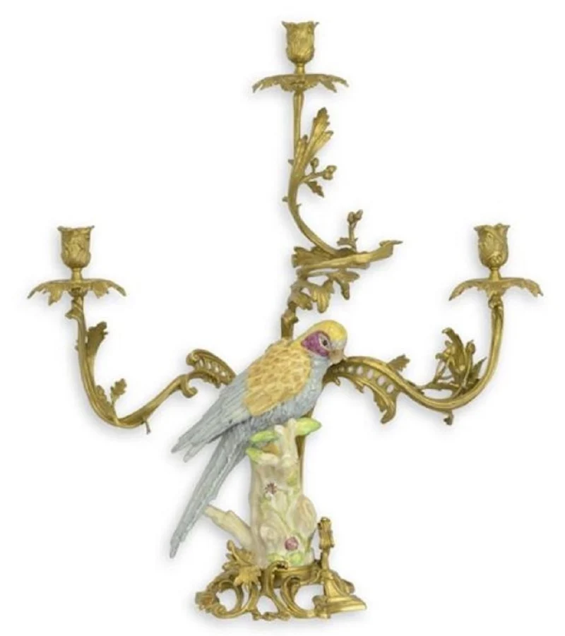 Casa Padrino Barock Kerzenständer Messing / Porzellan Papagei im italienischen Stil H62 cm - Antik Stil Kerzenhalter Vogel