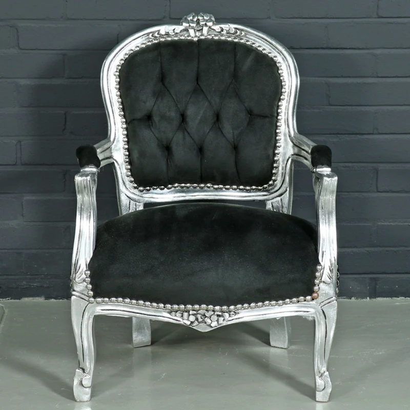 Casa Padrino Barock Kinderstuhl im Antik Stil - Schwarz / Silber - Breite 51 cm, Höhe 71 cm