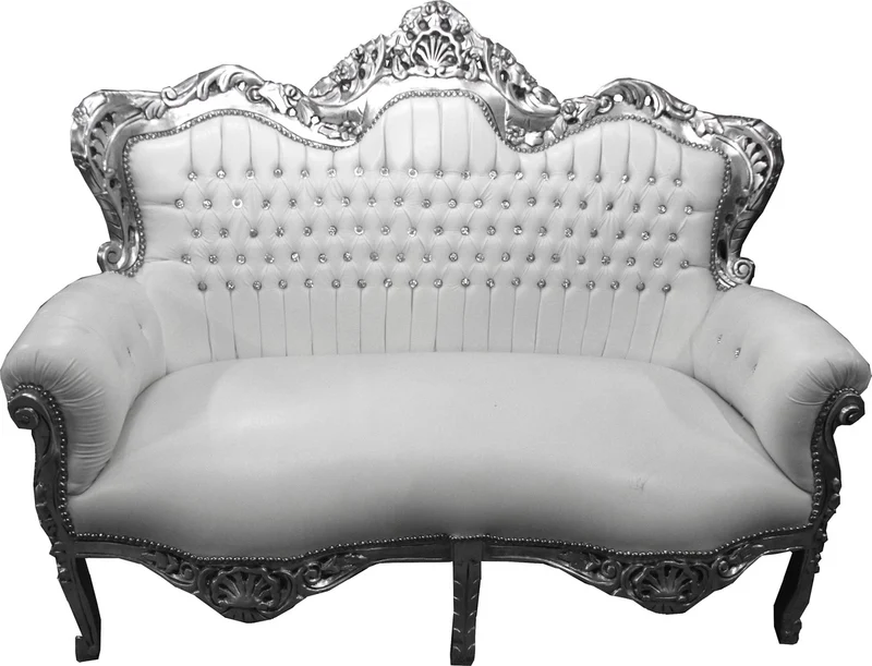 Casa Padrino Barock 2-er Sofa King Weiß Lederoptik / Silber mit Bling Bling Glitzersteinen - Wohnzimmer Couch Möbel Lounge