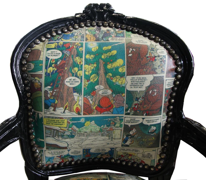 Casa Padrino Barock Kinderstuhl Comic Lederoptik / Schwarz - Handgefertigter Armlehnstuhl aus Massivholz, 73 x 51 x 37 cm