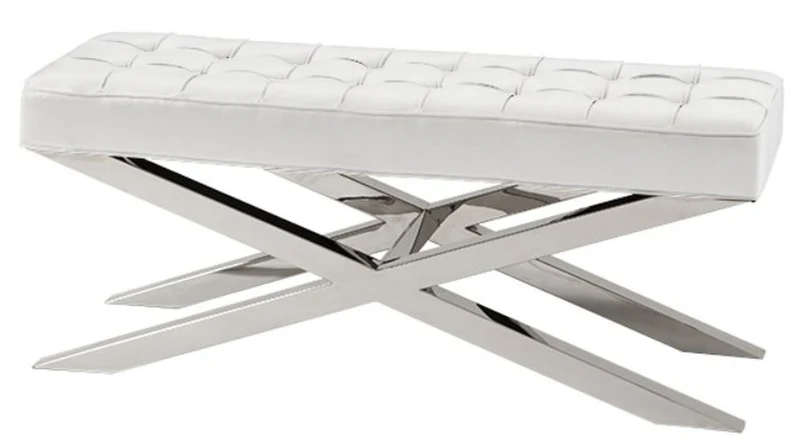 Casa Padrino Luxus Sitzbank in silber mit weißer Lederoptik 120 x 42,5 x H. 53,5 cm - Designermöbel