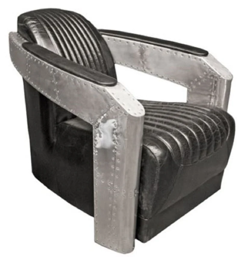 Casa Padrino Art Deco Aluminium Echtleder Sessel Schwarz / Silber 74,5 x 94 x H. 78 cm - Flugzeug Flieger Möbel - Club Sessel - Lounge Sessel