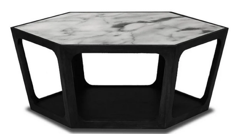 Casa Padrino Luxus Couchtisch Schwarz / Weiß 90 x 78 x H. 35 cm - Wohnzimmertisch mit Marmorplatte - Wohnzimmer Möbel - Luxus Möbel