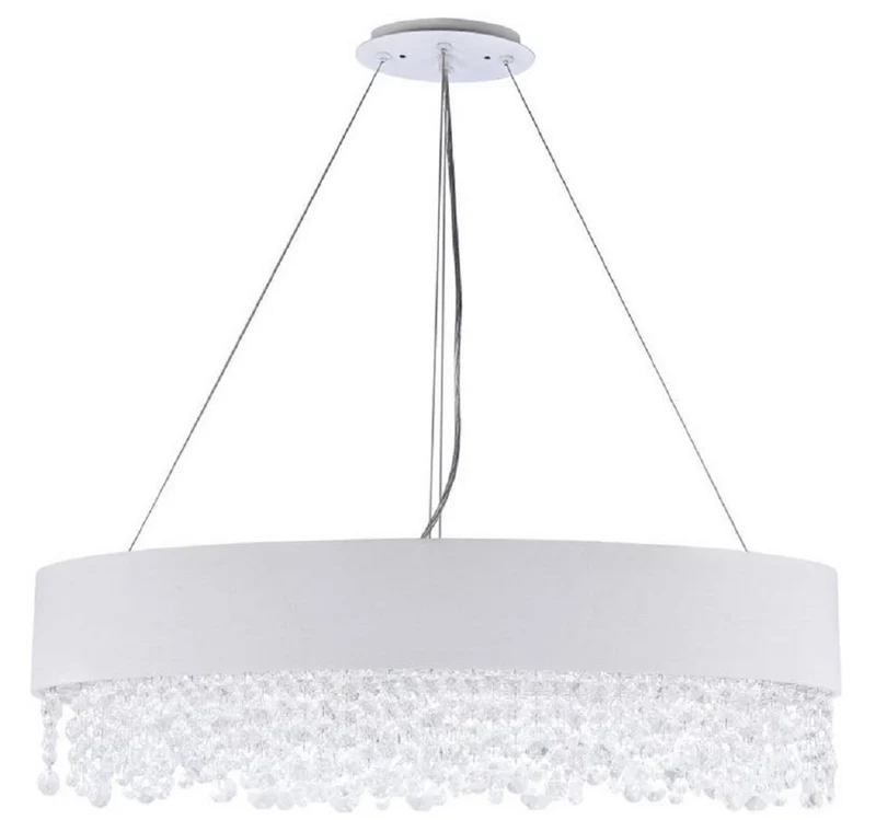Casa Padrino Kristall Hängeleuchte Silber / Weiß 72 x 27 x H. 21 cm - Außergewöhnliche ovale Leuchte mit Metallrahmen und Stoffbezug