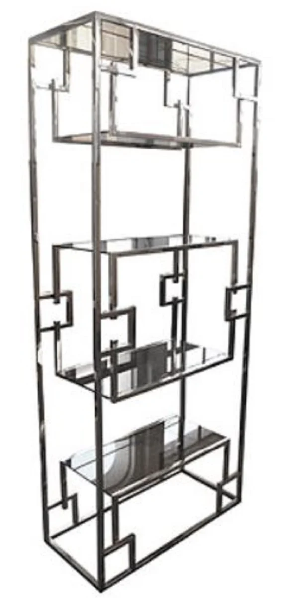 Casa Padrino Luxus Regalschrank Silber 85 x 40 x H. 200 cm - Edelstahl Schrank mit Glasregalen - Wohnzimmerschrank - Wohnzimmermöbel
