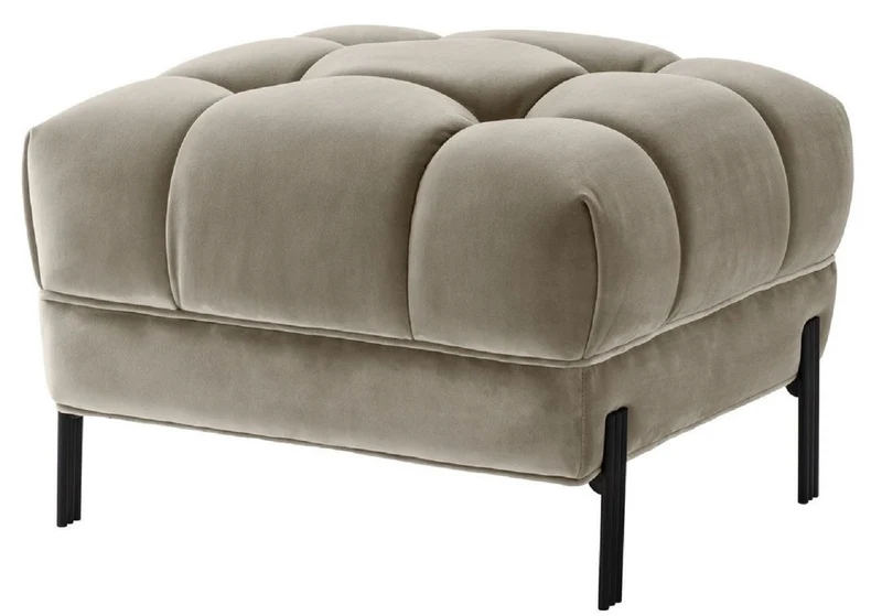 Casa Padrino Luxus Fußhocker Greige / Schwarz 59 x 59 x H. 43 cm - Samt Hocker mit Edelstahl Beinen - Wohnzimmer Möbel