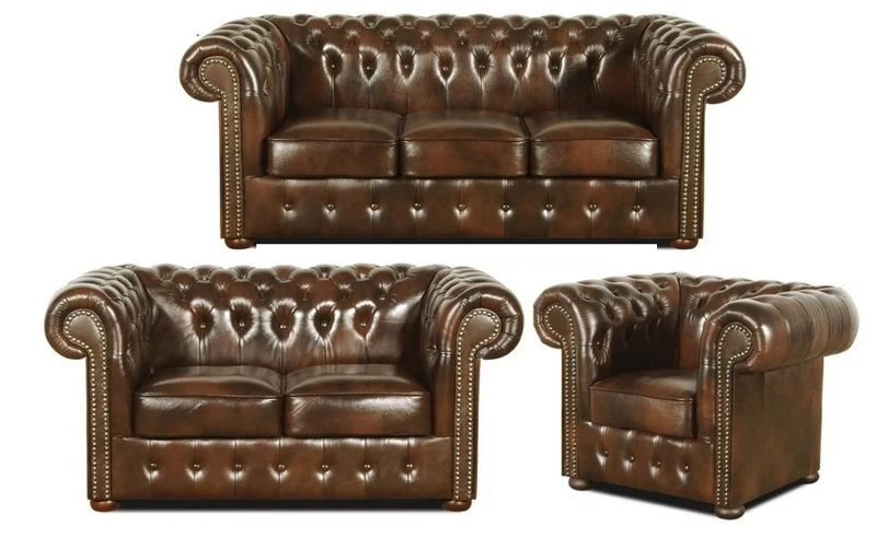 Casa Padrino Chesterfield Wohnzimmer 3er Set Dunkelbraun - Luxus Echtleder Möbel