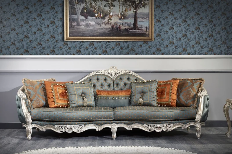 Casa Padrino Luxus Barock Sofa Dunkeltürkis / Gold / Silber 310 x 99 x H. 113 cm - Prunkvolles Chesterfield Wohnzimmer Sofa im Barockstil