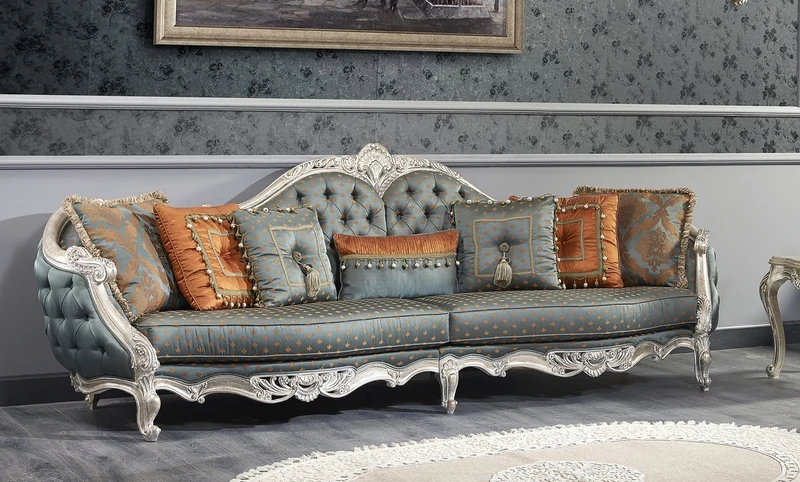 Casa Padrino Luxus Barock Sofa Dunkeltürkis / Gold / Silber 310 x 99 x H. 113 cm - Prunkvolles Chesterfield Wohnzimmer Sofa im Barockstil