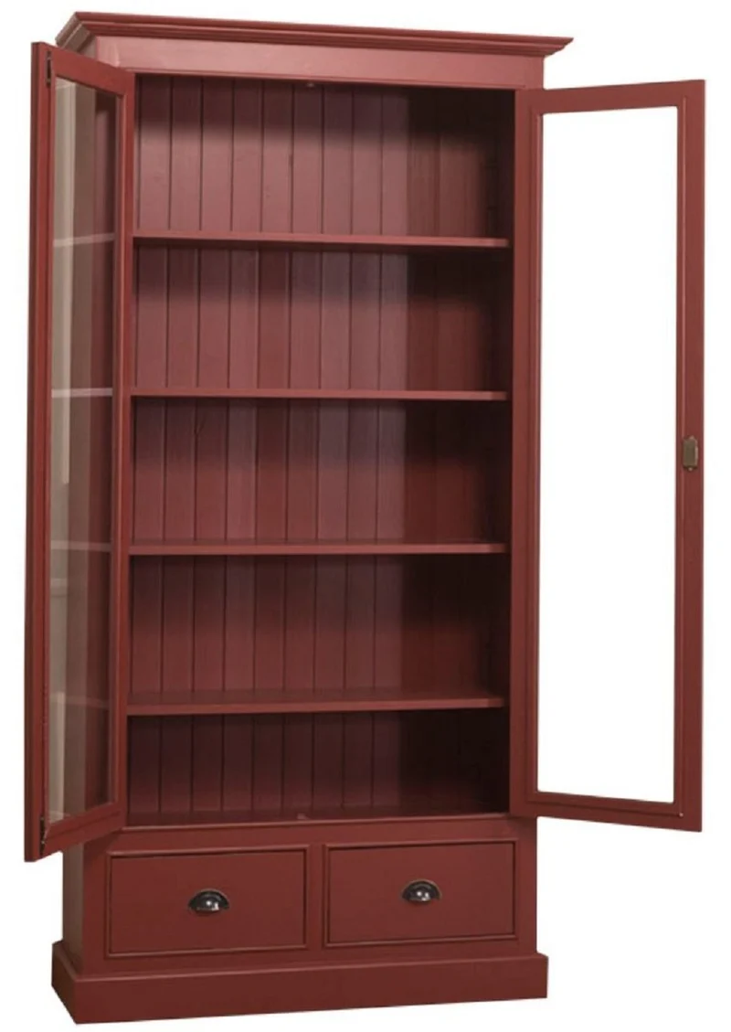 Casa Padrino Landhausstil Wohnzimmer Vitrinenschrank Bordeauxrot 109 x 39 x H. 210 cm - Wohnzimmerschrank mit 2 Glastüren und 2 Schubladen