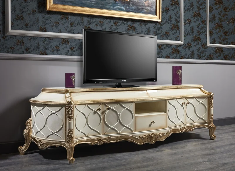 Casa Padrino Luxus Barock Fernsehschrank Weiß / Antik Gold 242 x 65 x H. 70 cm - Prunkvoller Barock Wohnzimmerschrank mit 4 Türen und 3 Schubladen