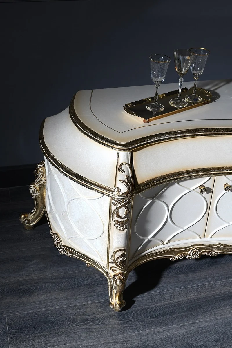 Casa Padrino Luxus Barock Fernsehschrank Weiß / Antik Gold 242 x 65 x H. 70 cm - Prunkvoller Barock Wohnzimmerschrank mit 4 Türen und 3 Schubladen