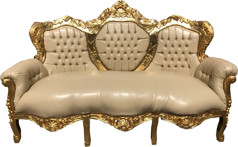 Casa Padrino Barock 3er Sofa King Creme Lederoptik / Gold - Wohnzimmer Couch Möbel Lounge