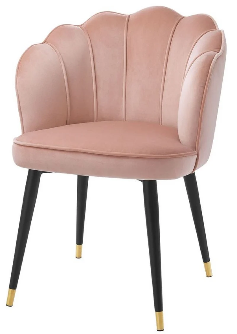 Casa Padrino Luxus Samt Esszimmerstuhl mit Armlehnen Rosa / Schwarz / Gold 60 x 63 x H. 83 cm - Küchenstuhl im Muschelschalen Design