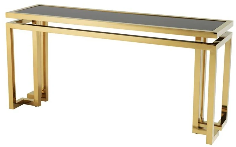 Casa Padrino Designer Edelstahl Konsole gold mit schwarzem Glas - Luxus Konsolentisch