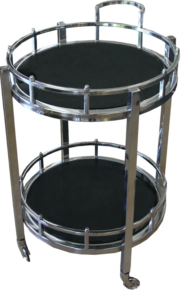 Casa Padrino Luxus Bar Trolley Servierwagen rund Edelstahl vernickelt und schwarzes Glas, 58 x 50 x 78 cm