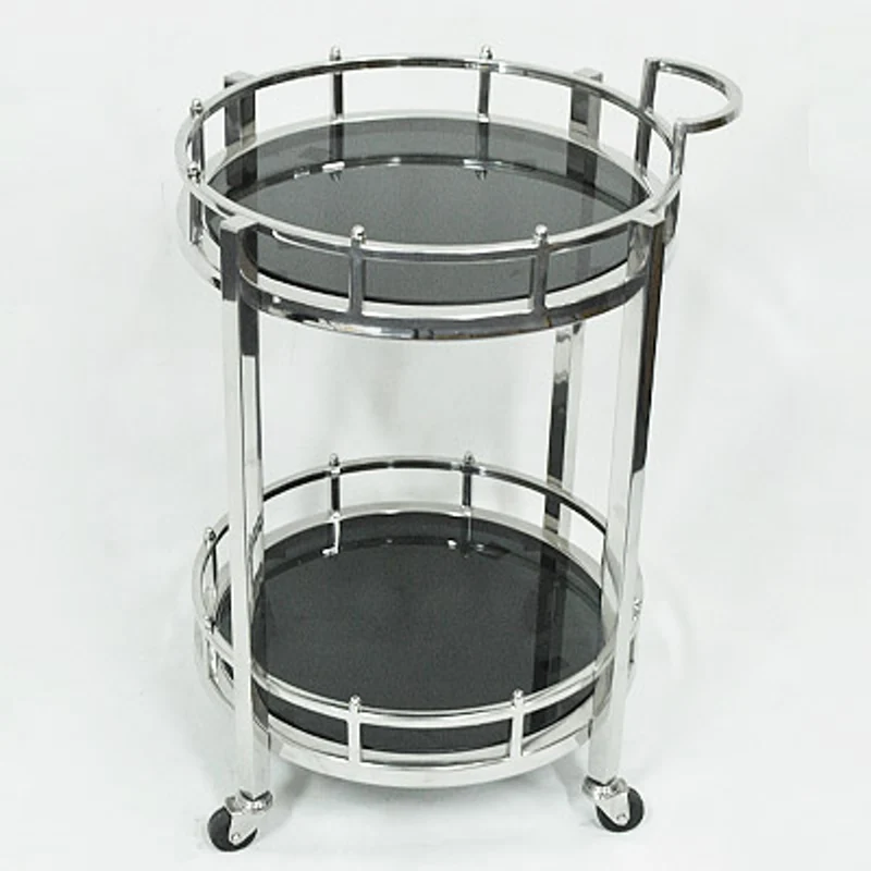 Casa Padrino Luxus Bar Trolley Servierwagen rund Edelstahl vernickelt und schwarzes Glas, 58 x 50 x 78 cm