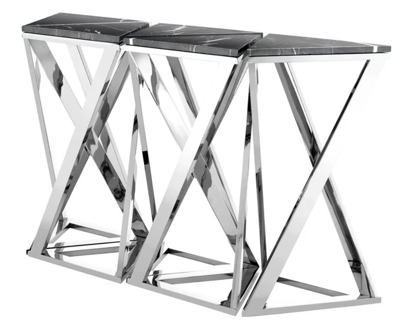 Casa Padrino Luxus Konsolen 5er Set in silber mit schwarzem Marmor 143 x 41 x H. 80,5 cm - Designer Hotel Möbel