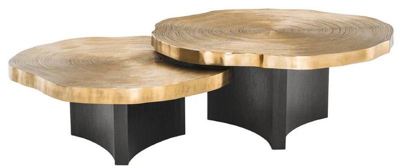 Casa Padrino Luxus Couchtisch Set Messingfarben / Schwarz - Luxuriöse Wohnzimmertische mit Tischplatten im Baumscheiben Design