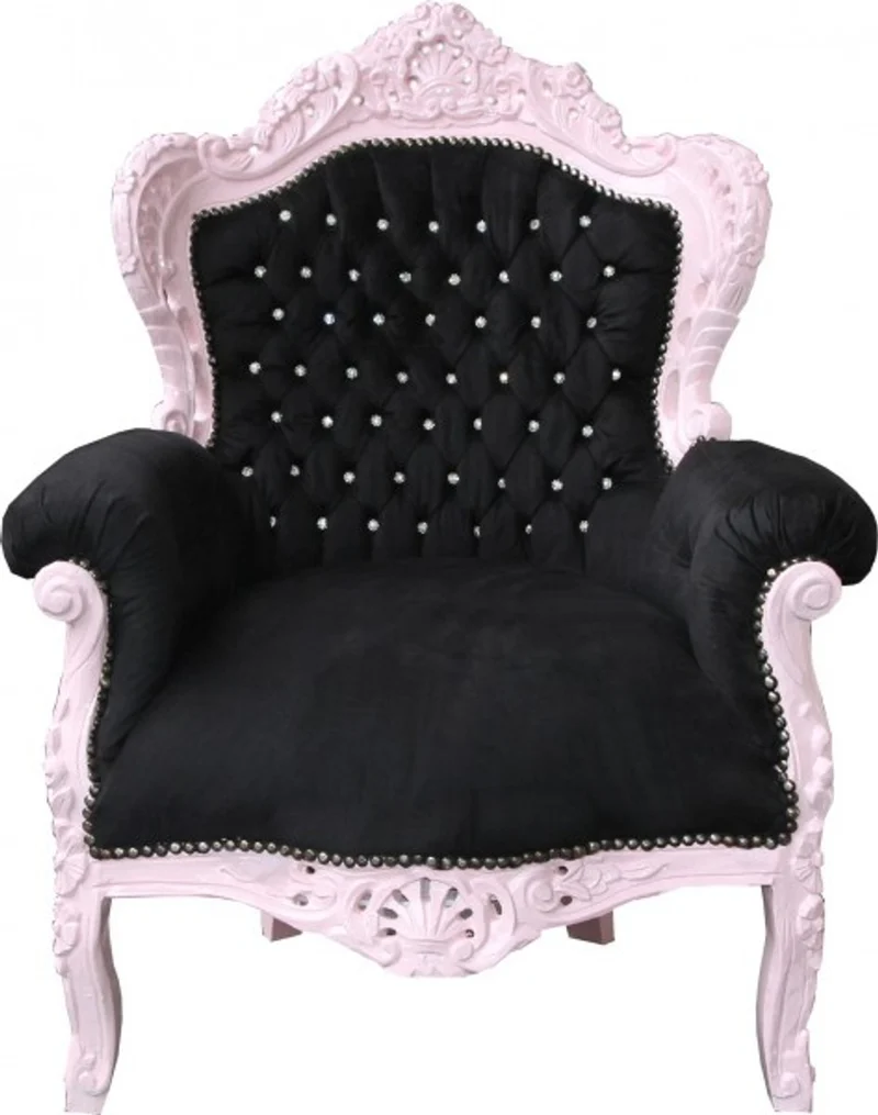 Casa Padrino Barock Sessel King im Antik Stil - Schwarz / Rosa mit Glitzersteinen - 85 x 85 x 120 cm