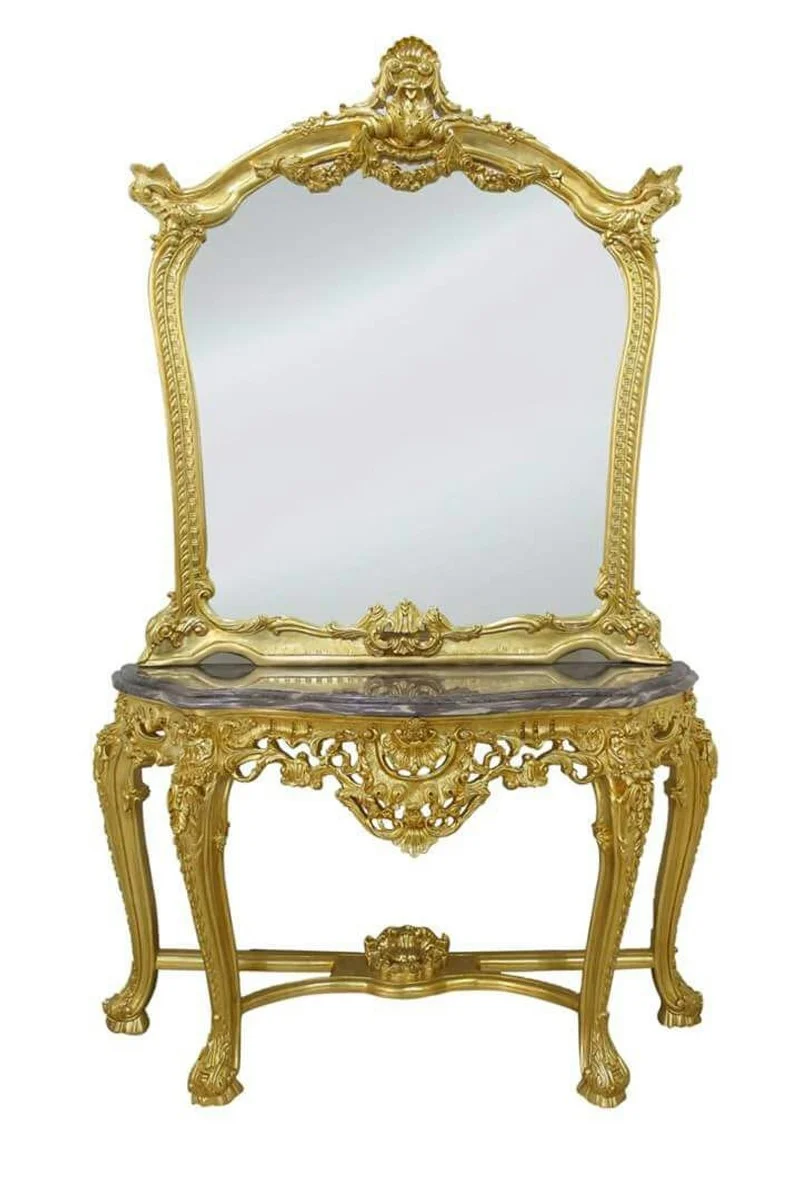 Casa Padrino Luxus Barock Spiegelkonsole mit Marmorplatte - Gold / Schwarz - 120 x 220 cm