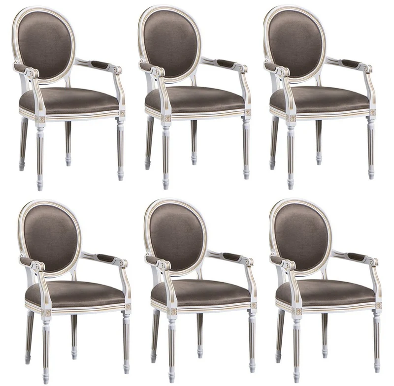 Casa Padrino Luxus Barock Esszimmer Set Weiß / Gold / Grau 59 x 43,5 x H. 98 cm - 6 Esszimmerstühle mit Armlehnen - Esszimmermöbel