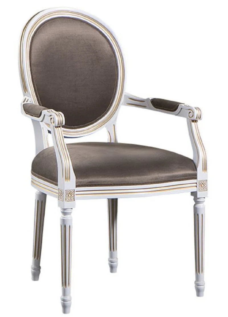 Casa Padrino Luxus Barock Esszimmer Set Weiß / Gold / Grau 59 x 43,5 x H. 98 cm - 6 Esszimmerstühle mit Armlehnen - Esszimmermöbel