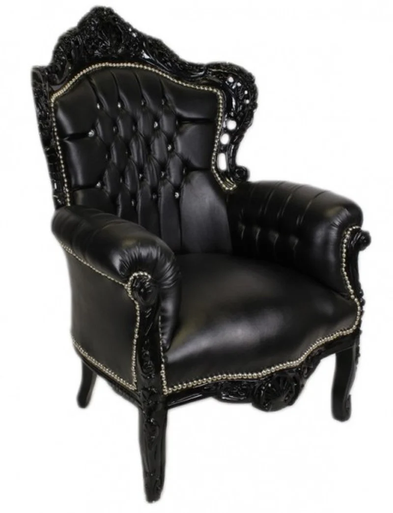Casa Padrino Barock Sessel King im Antik Stil, Schwarz in Lederoptik mit Glitzersteinen, 120 x 85 x 85 cm