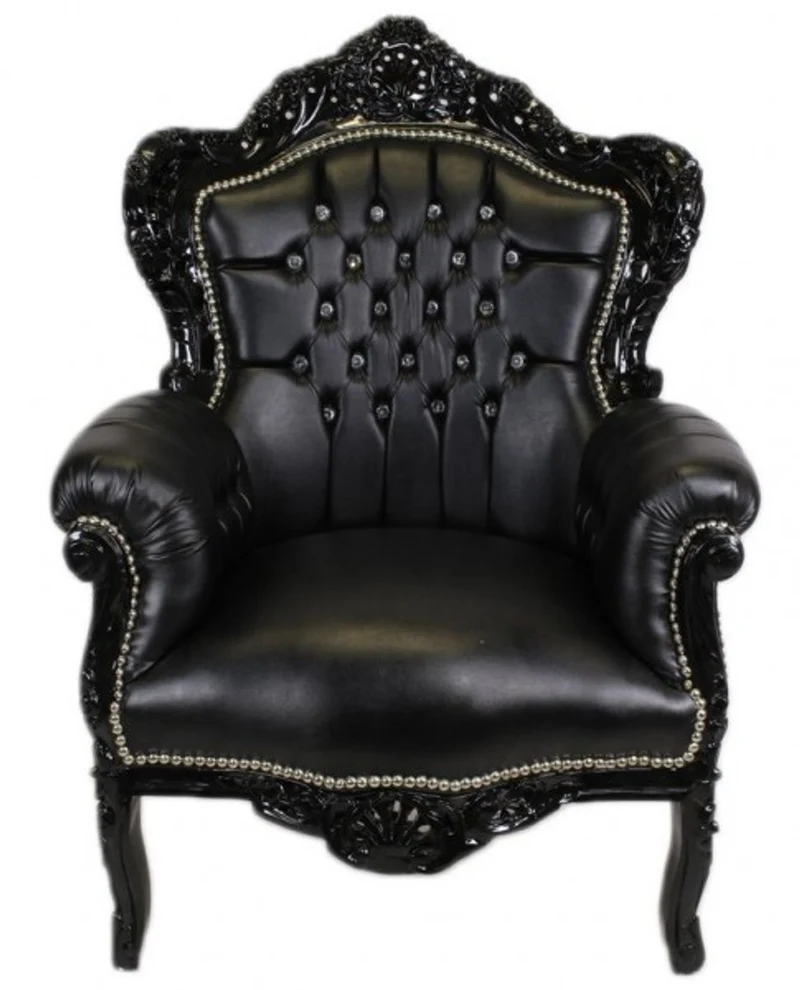 Casa Padrino Barock Sessel King im Antik Stil, Schwarz in Lederoptik mit Glitzersteinen, 120 x 85 x 85 cm