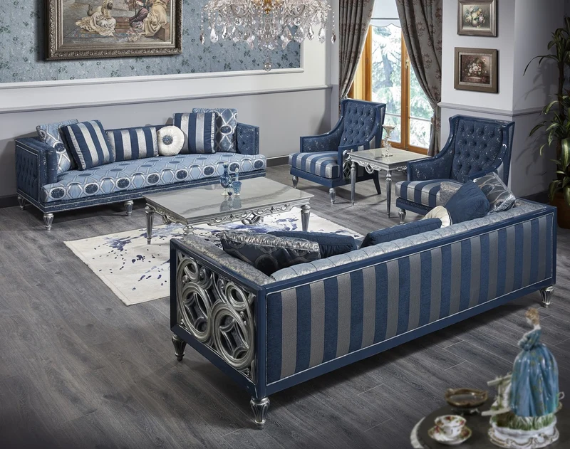 Casa Padrino Luxus Barock Chesterfield Sofa Blau / Silber gestreift 250 x 92 x H. 85 cm - Wohnzimmermöbel im Barockstil