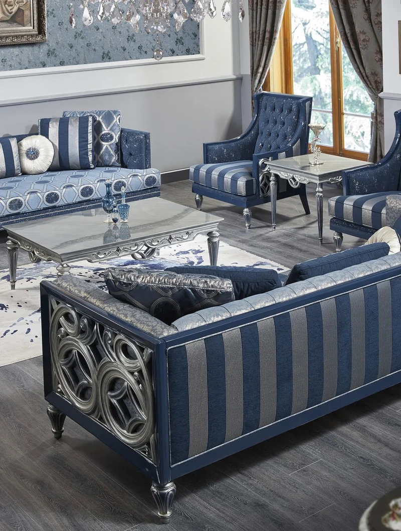 Casa Padrino Luxus Barock Chesterfield Sofa Blau / Silber gestreift 250 x 92 x H. 85 cm - Wohnzimmermöbel im Barockstil