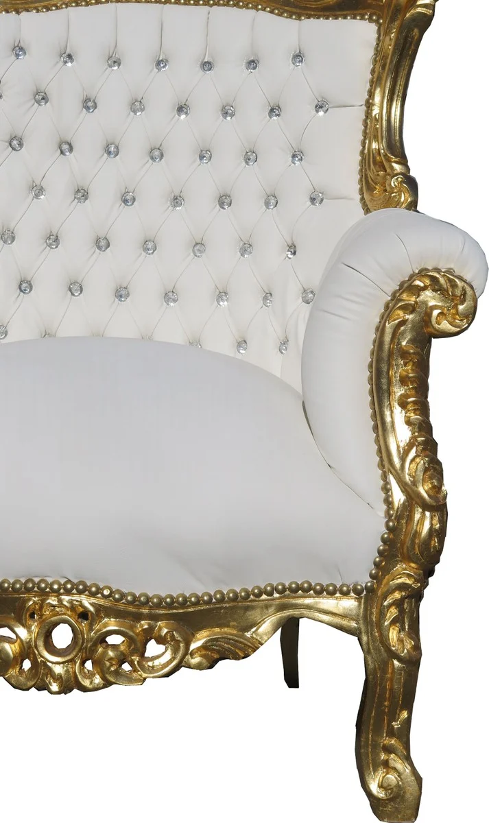Casa Padrino Barock Sessel Al Capone Weiß / Gold mit Bling Bling Glitzersteinen - Breite 90 cm, Höhe 128 cm