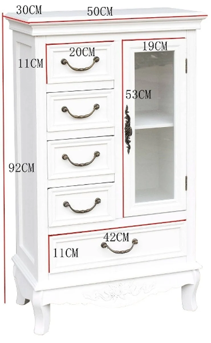 Casa Padrino Landhausstil Schrank mit Tür und 5 Schubladen Weiß 50 x 30 x H. 92 cm